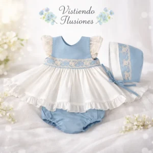 Vestido Bebé Lino Azul-Crudo
