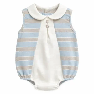 Ranita bebé niño Celeres de primavera verano con rayas azul celeste y beige, cuello blanco y botones nacarados