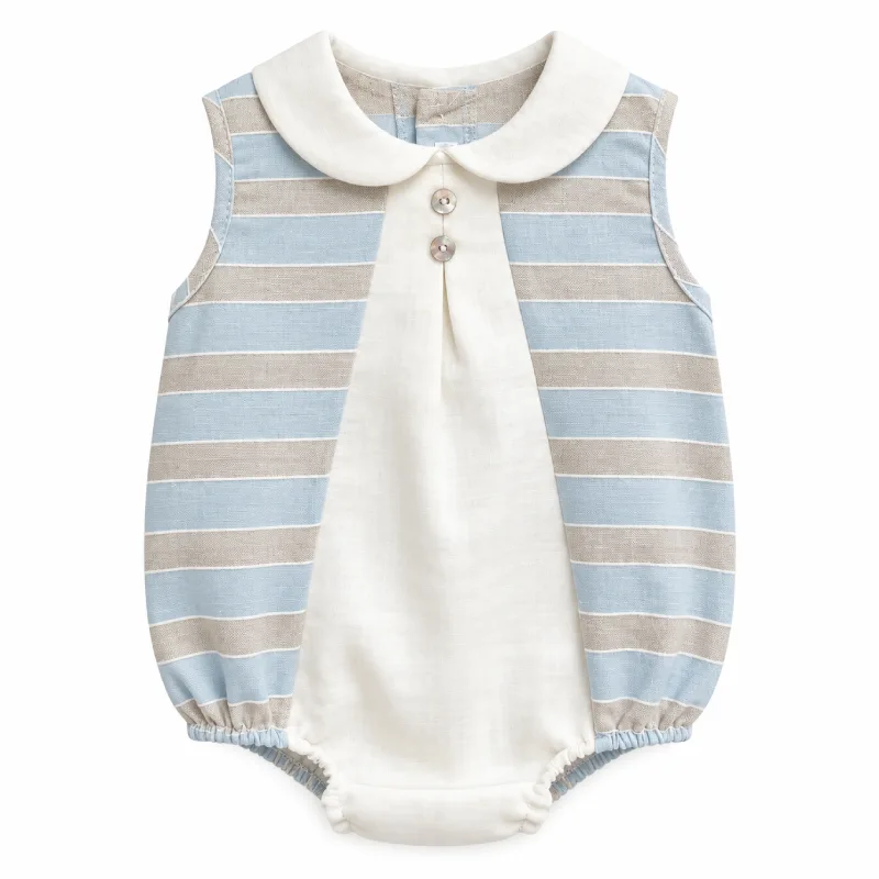 Ranita bebé niño Celeres de primavera verano con rayas azul celeste y beige, cuello blanco y botones nacarados